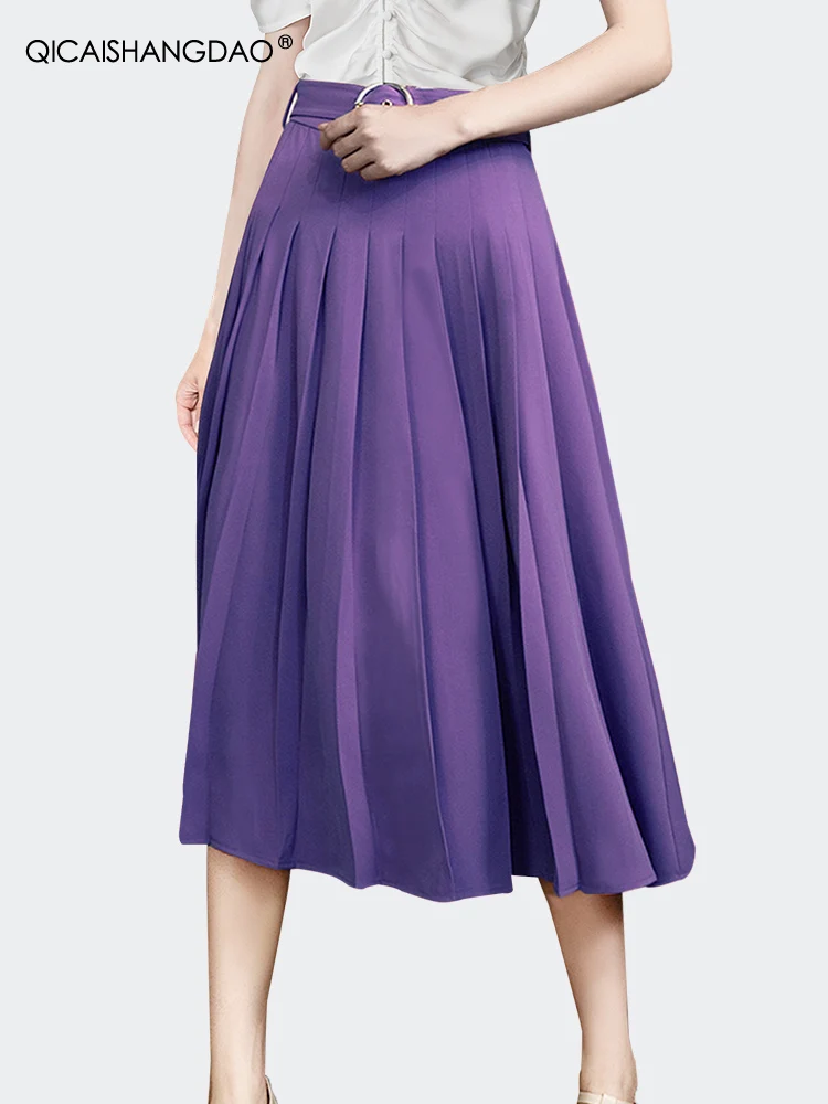 Fashion Purple Pleated A-line Long Skirt Women' Spring Summer High Waist Big Swing Skirts With Belt Loop Loose Casual