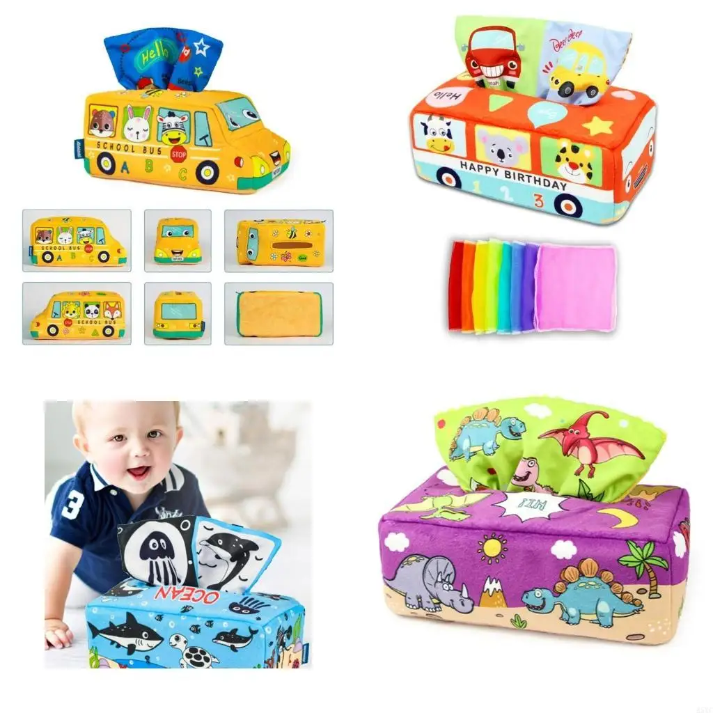 Hộp đựng khăn giấy kéo cảm giác A5YC Đồ chơi cho trẻ sơ sinh Khăn quàng cổ đầy màu sắc cho trẻ