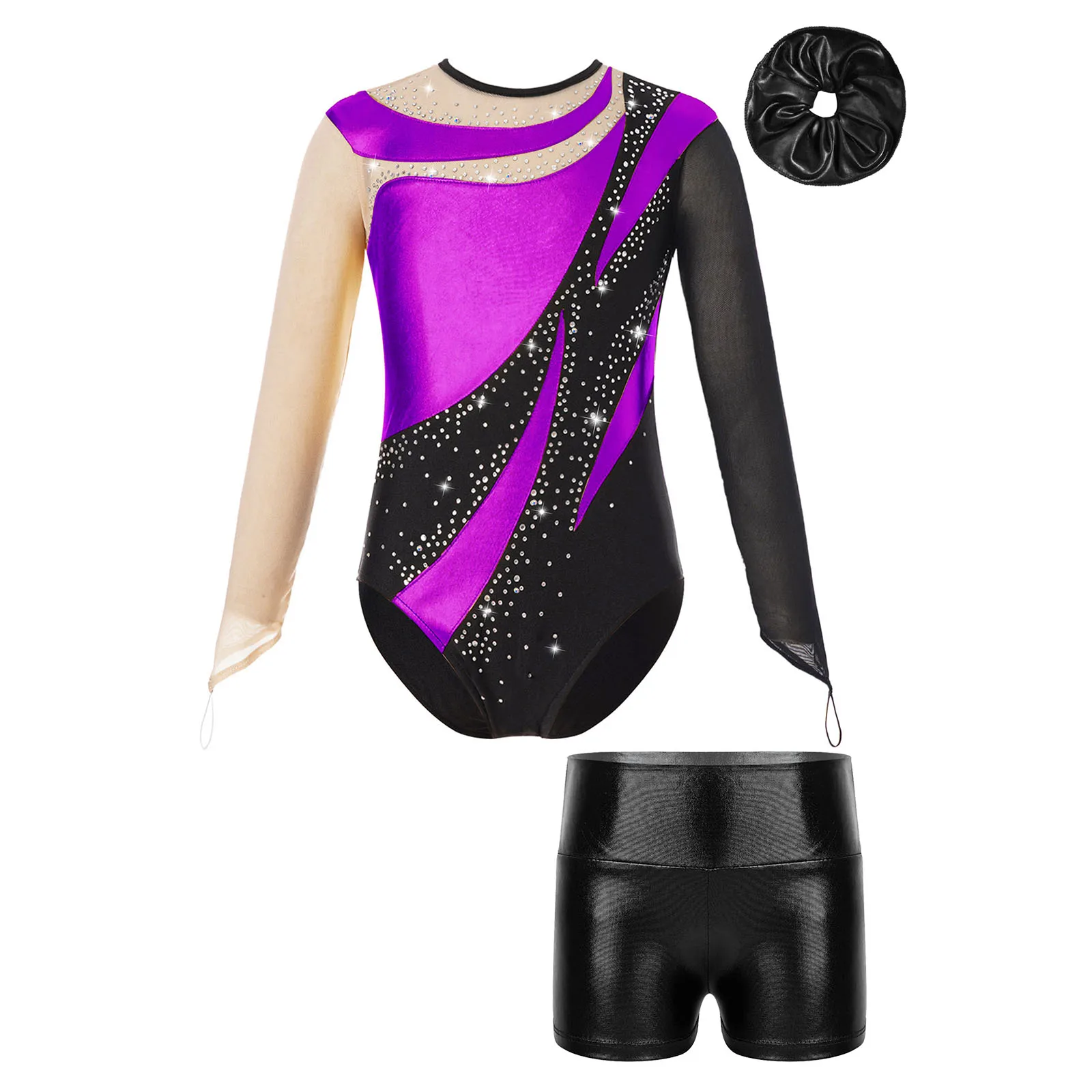 

Mesh Long Sleeves Rhythmic Gymnastics Leotard for Kids Girls Shiny Metallic Ballet Dance Bodysuit Figure Skating Costume