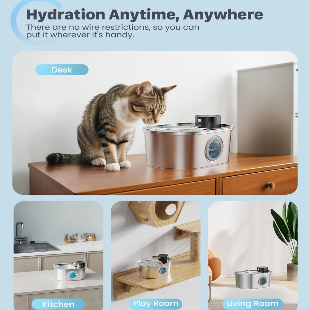 Battery Powered Cat Water Fountain Stainless Steel Pet Bowl Water Feeder Wireless Dog Water Fountain Indoor with Motion Sensor