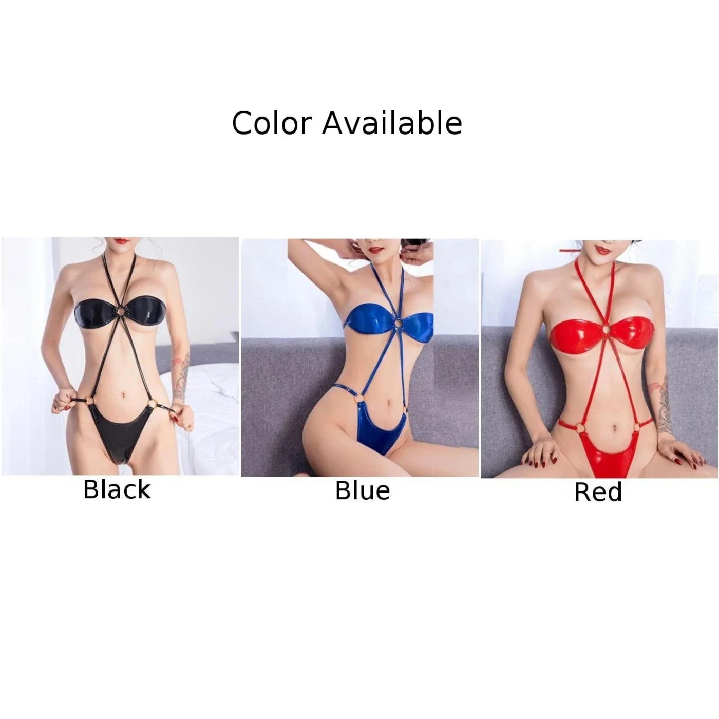 Woman Sexy Bikini Shiny Wet Look Lingerie Bra Swimwear G-string T-Back Thong Glossy Halter Bodysuit Summer Beach Swimsuit