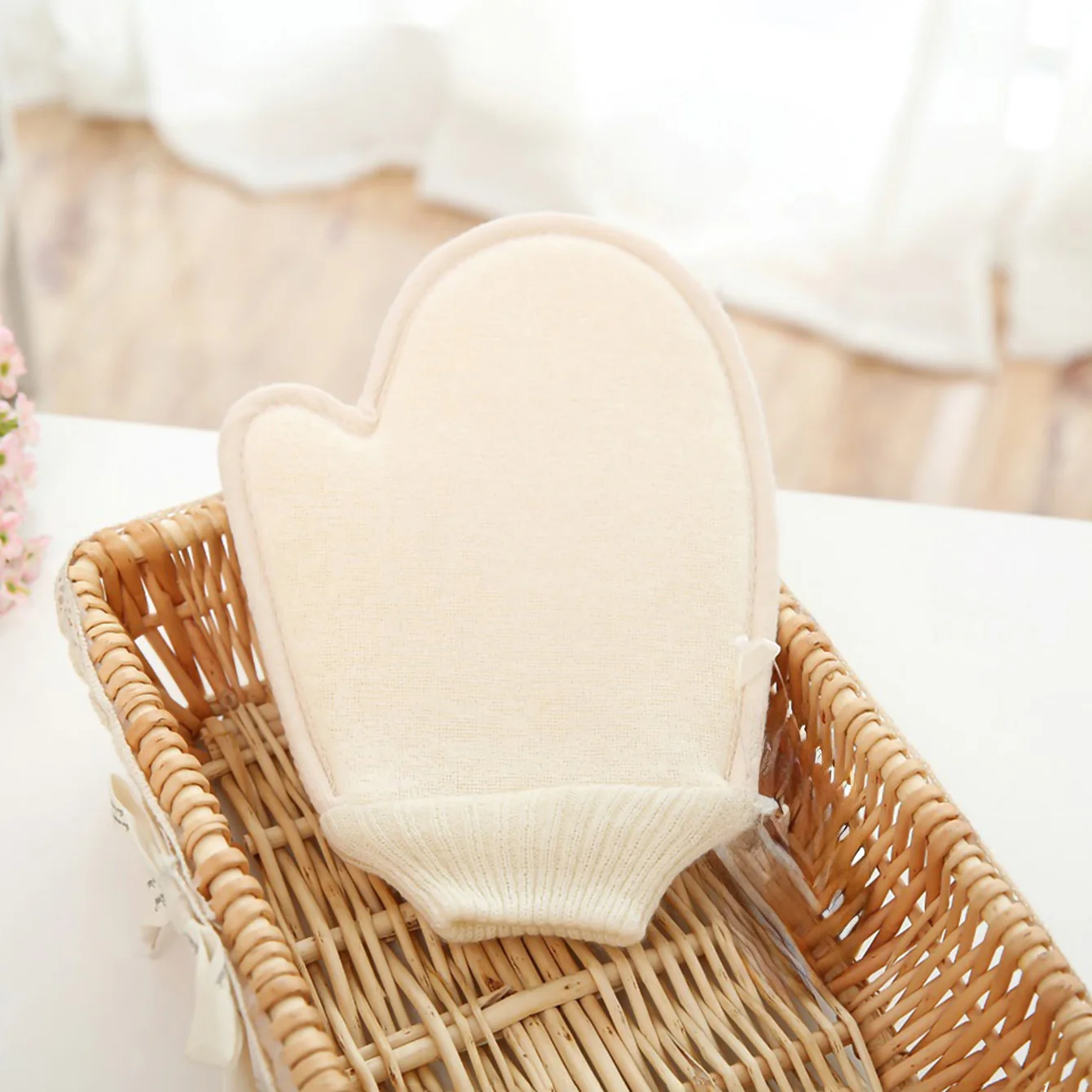 قفاز استحمام 2 في 1، قطعة واحدة من القطن والكتان الطبيعي مع نسيج شبكي للمنتجعات الصحية المنزلية