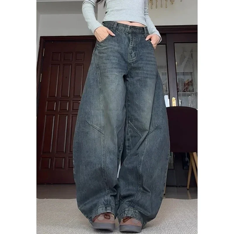 Women Vintage Blue Wide Leg Jeans American Retro Vibe High Street Baggy Denim Trousers Hip Hop Streetwear Wide Leg Pants