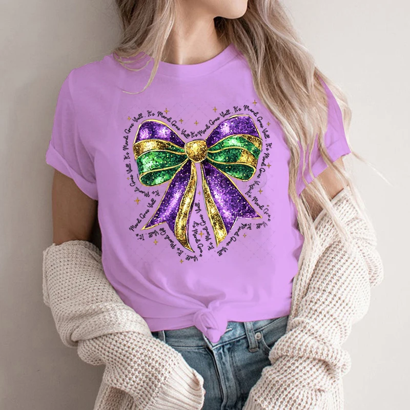 Coquette Bow Mardi Gras Shirt for Women Carnival Glitter Bow Graphic Tee Fat Tuesday Shirt Mardi Gras Party Crew Neck Clothing