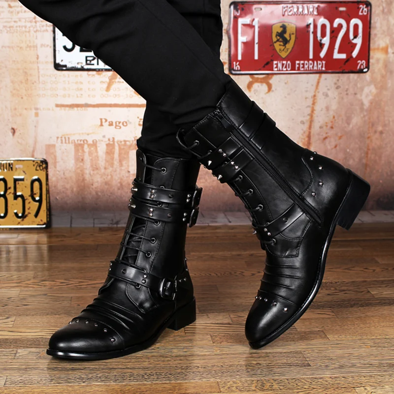 men\'s fashion party nightclub dress motorcycle boots black soft leather shoes autumn winter cowboy high boot long botas hombre