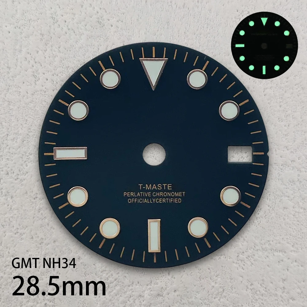 28.5mm S Logo Black GMT Dial Fit NH34 Japanese Movement Green Luminous Watch Modification Accessories