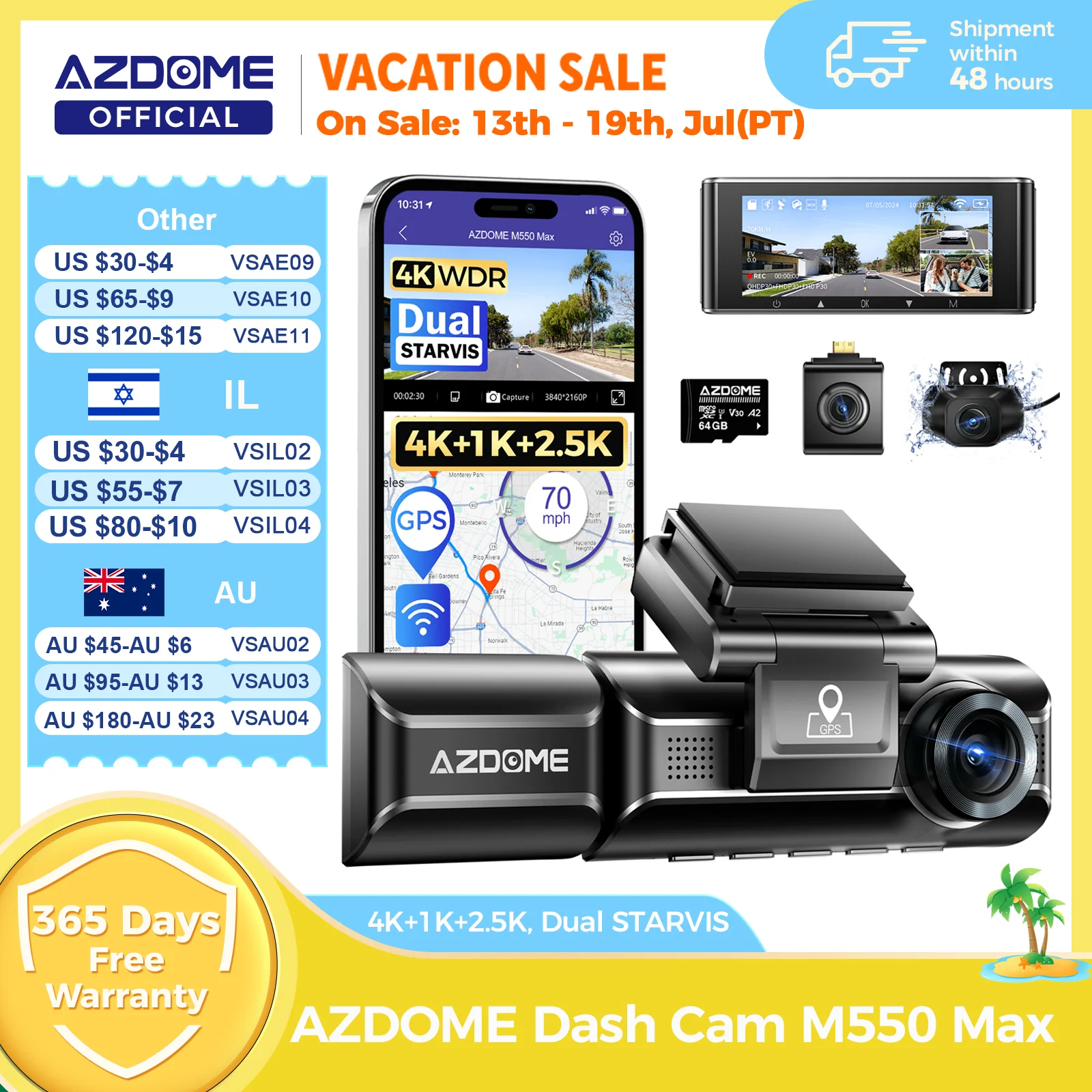 AZDOME 4K 대시 캠 M550 Max 내장 GPS Wifi 카메라 자동차 DVR 3.18" 화면 야간 투시경 24H 주차 모니터 지원 후면 캠