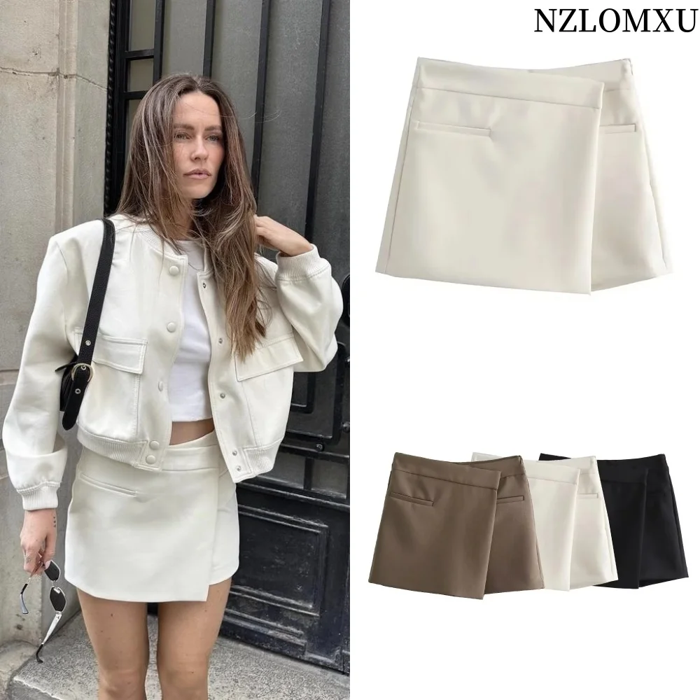 

2025 Autumn Women Asymmetric Shorts Fashion Pocket Vintage High Waist Casual Elegant Slim A-Line Skirt Shorts
