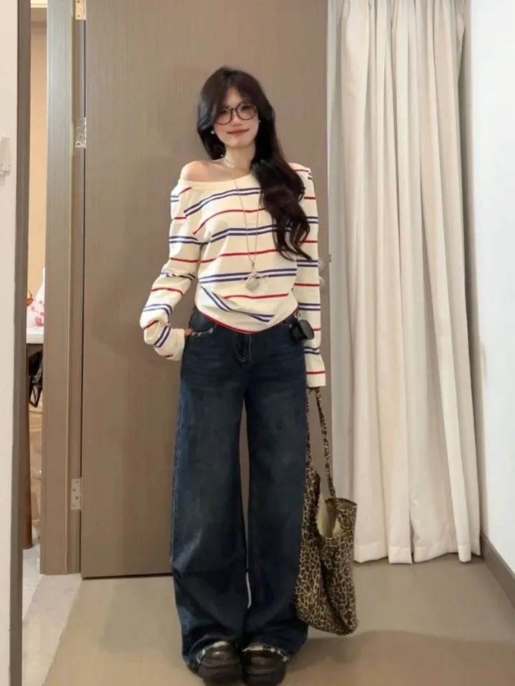 슬림핏 스트라이프 롱 슬리브 티셔츠 여성용 오버헤드 숄더 디자인 가을 아우터 캐주얼 라운드 넥 빈티지 슬리브 탑