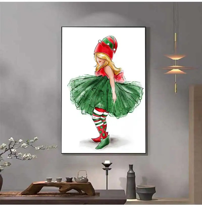 Merry Christmas Cartoon Boho Girls Santa Wall Art Canvas Painting Nordic Posters and Prints Wall Pictures Baby Room Home Decor