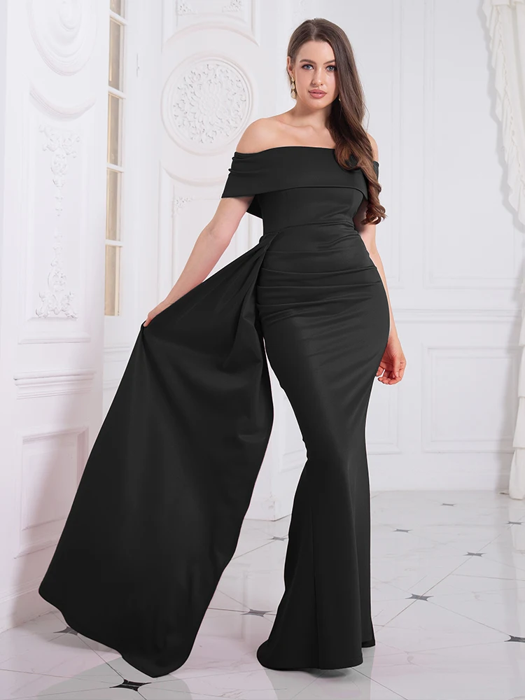 White Off Shoulder Stretch Evening Night Party Dress Side Trains Floor Length Slash Neck Fromal Party Gown Red Black