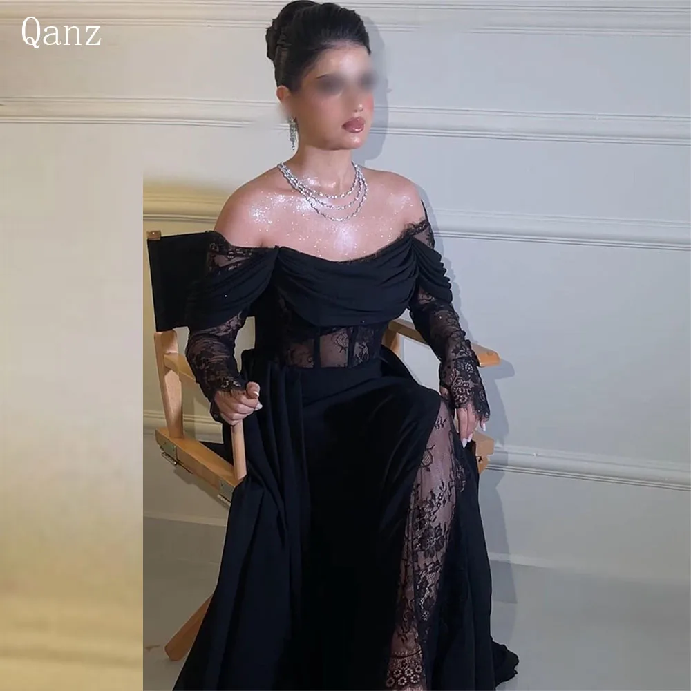 Qanz Black Arab Evening Dresses Off The Shoulder Lace Saudi Prom Dress Detachable Sleeves Mermaid Special Occasion Customized