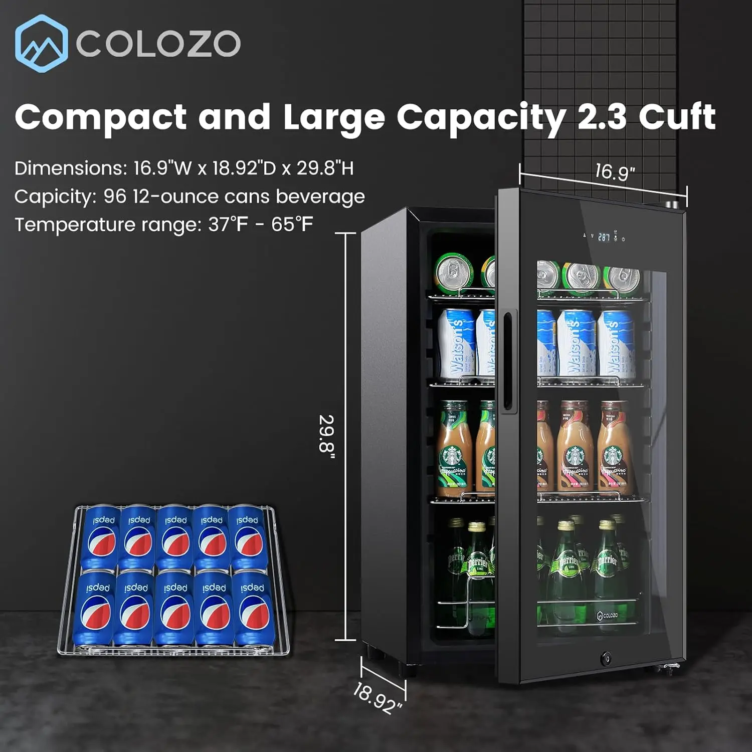 17 Inch Freestanding Beverage Refrigerator Cooler, 96 Cans Mini Fridge with Glass Door, Removable Shelves for Soda