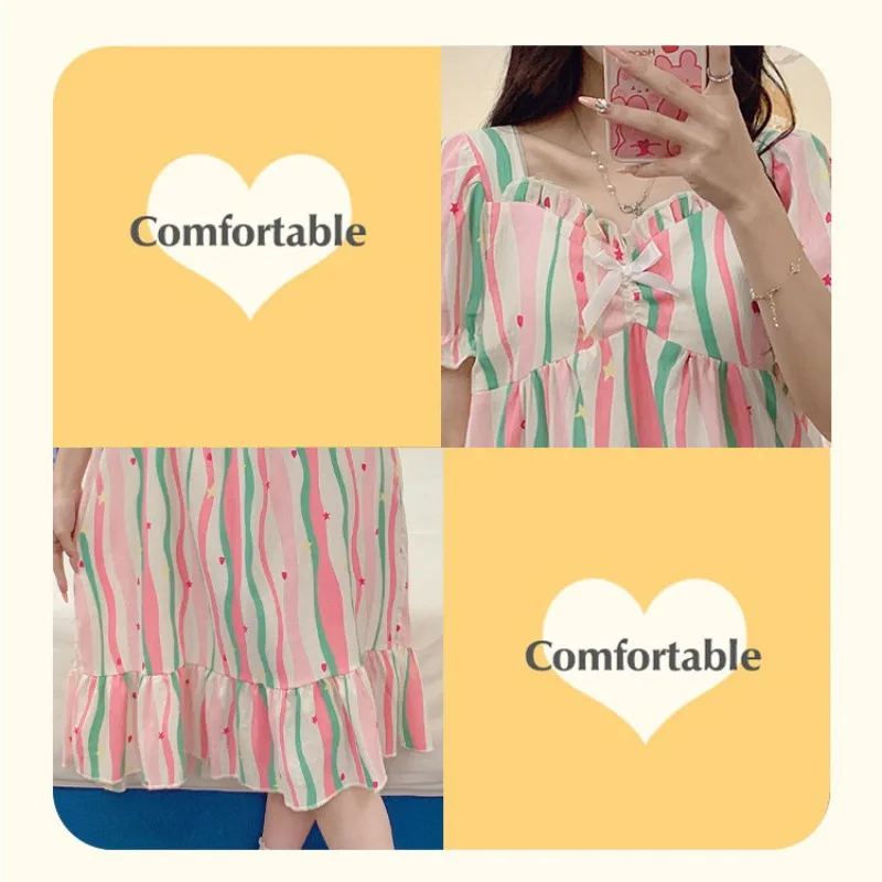 M-2XL Summer Print Sleep Dress Large Size Women's Bra Free Loose Home Clothes Girl Sle Korean Version Square Collar Nightgown