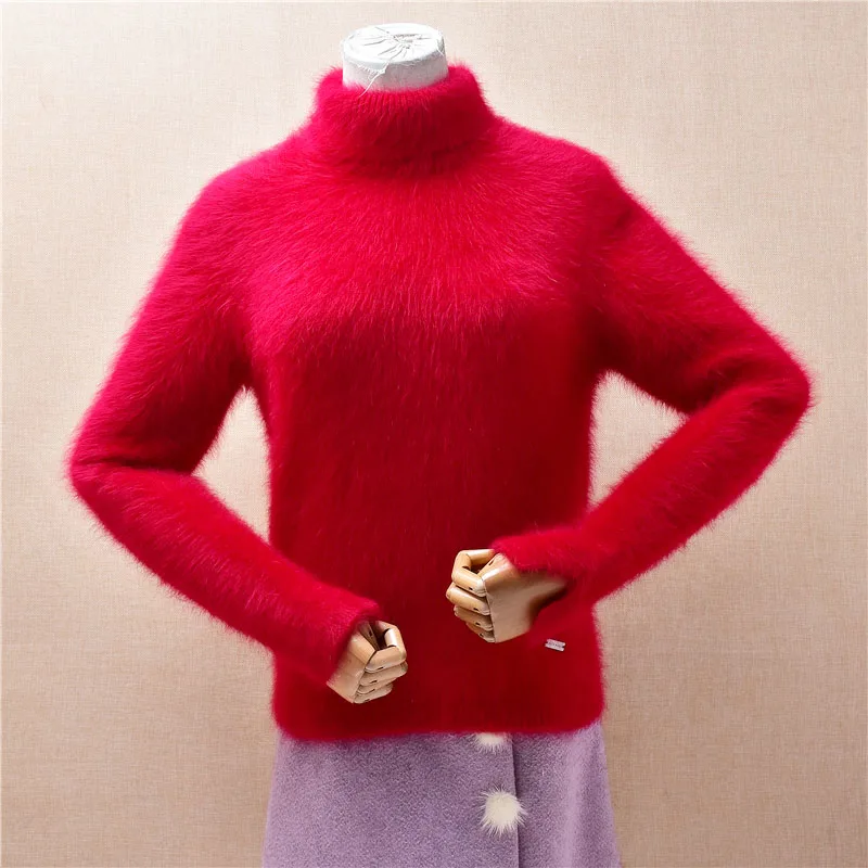 

Женская осенне-зимняя одежда Mujer, модная красная волосатая норковая кашемировая вязаная водолазка с длинными рукавами, тонкие блузки, свитер, джемпер