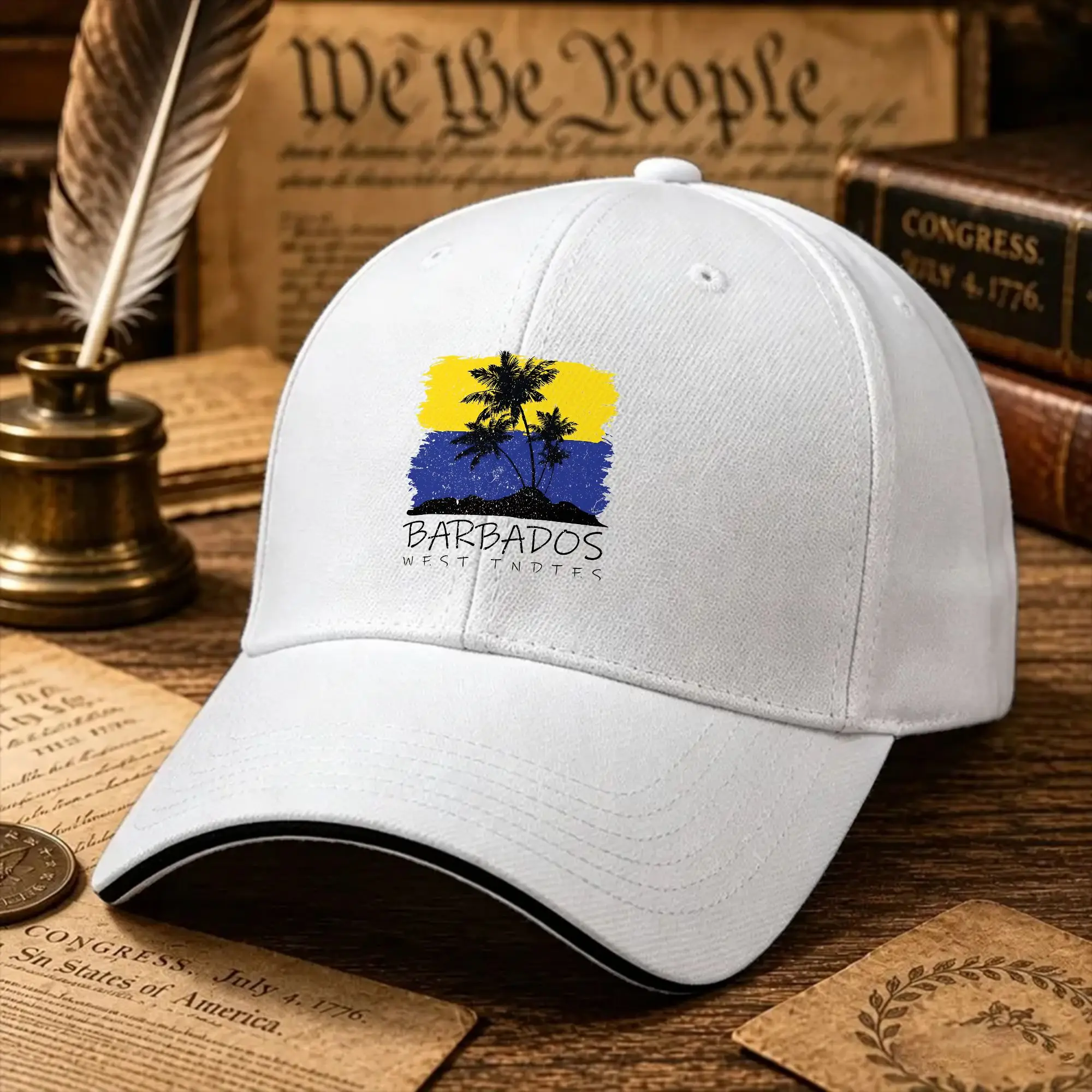 ,Barbados National Colours In Background Of Palm Silhouette  Baseball Cap Hats Unisex-Teens y2k Funny Custom DIY Snapback Cap