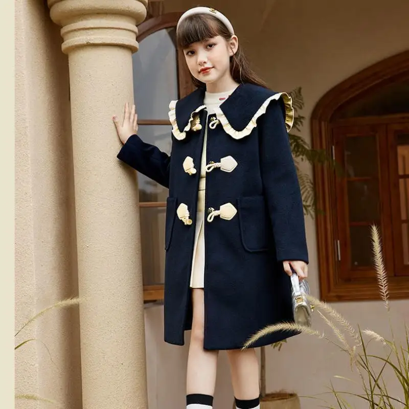 2024 Winter New Turn-down Collar Girl Coat Preppy Style Fashion Girls Coats Single Breasted Buckle Long Sleeve Children Clothing