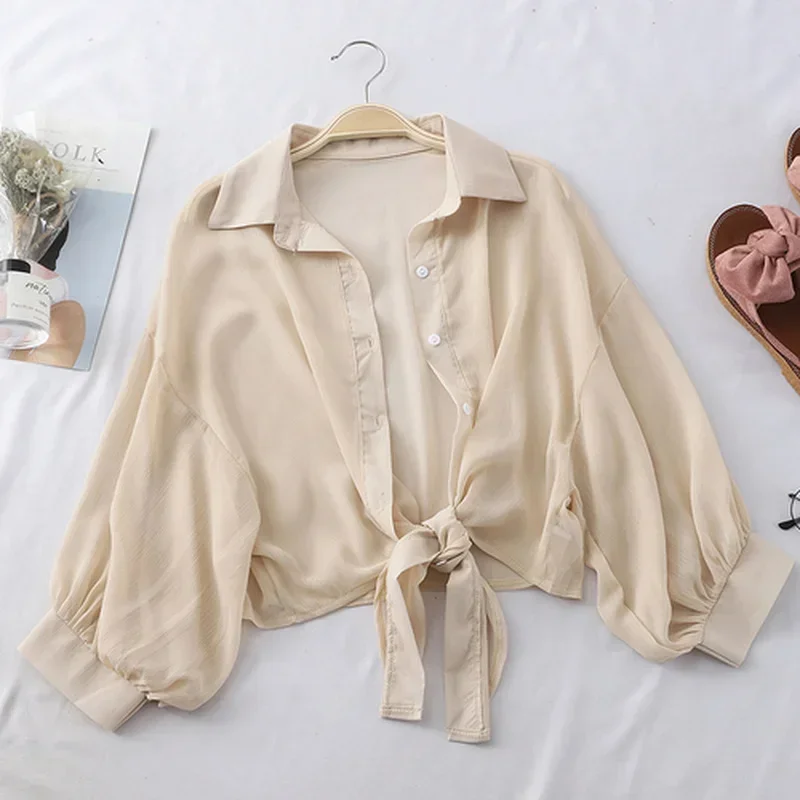 2024 Summer Women Chiffon Shirts Half Sleeve Buttoned Up Shirt New Loose Casual Blouse Tied Waist Elegant Blouses for Women 9776