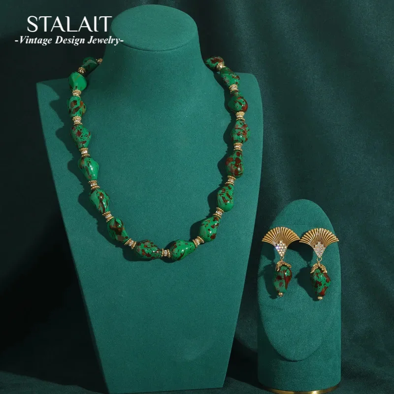 

Vintage Wedding Jewelry Sets Fo Woman Special Shaped Natural Green Stone Handmade Necklace and Earrings Fan Baroque Accessory