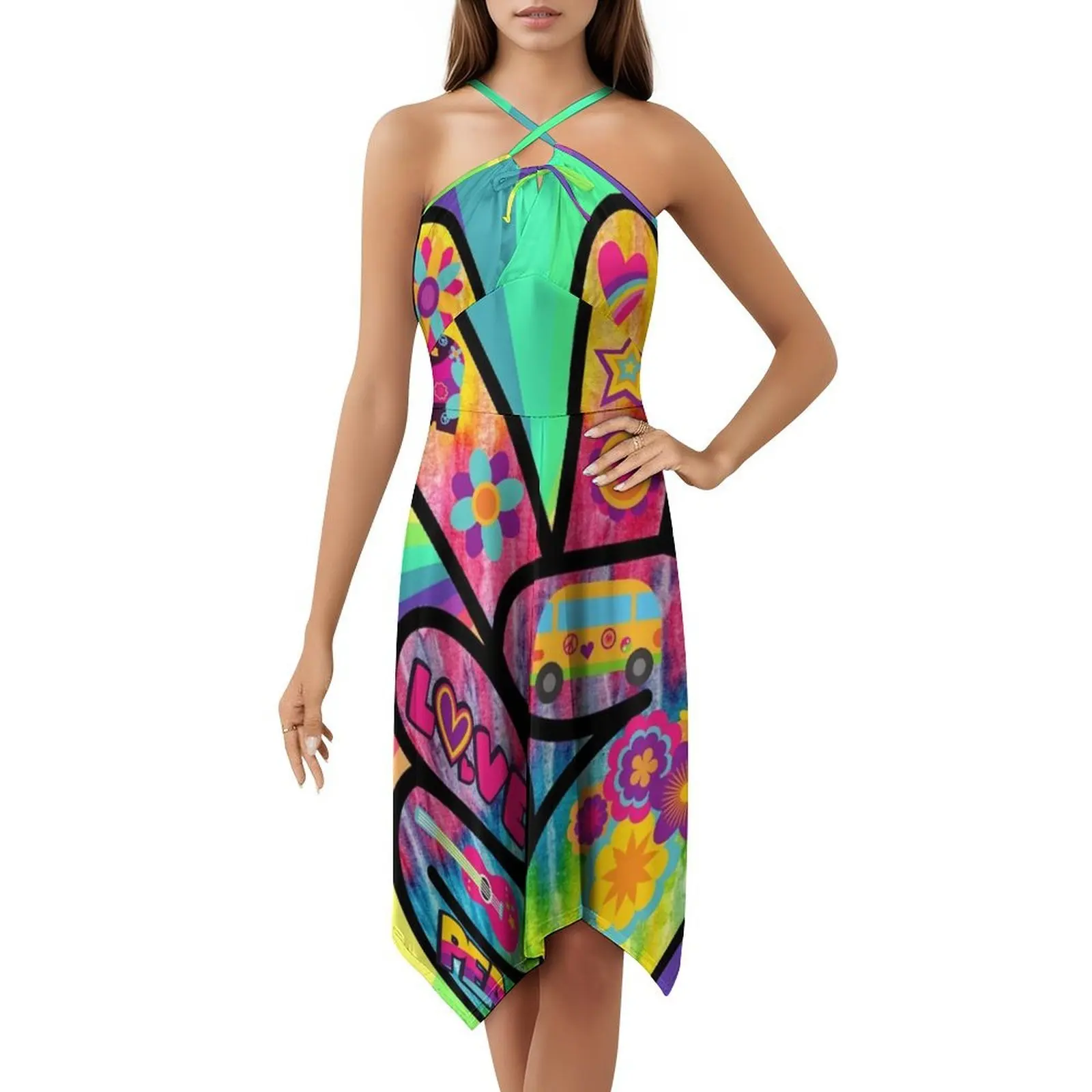 فستان Peace Man-Hippy Love Vibe بخلفية مخدر للنساء فستان أنيق للحفلات على شكل حرف a مع خيارات قصيرة/طويلة/بدون أكمام #5