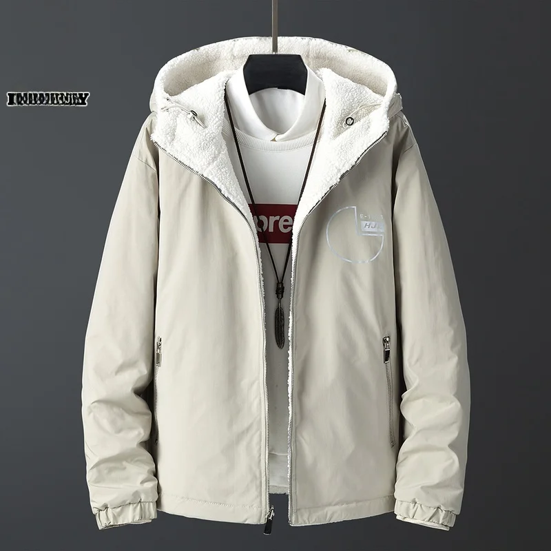 

Двусторонняя хлопковая куртка для мужчин с капюшоном, утепленная овечьим вельветом, теплая, трендовая, зимняя, повседневная, молодежная верхняя одежда