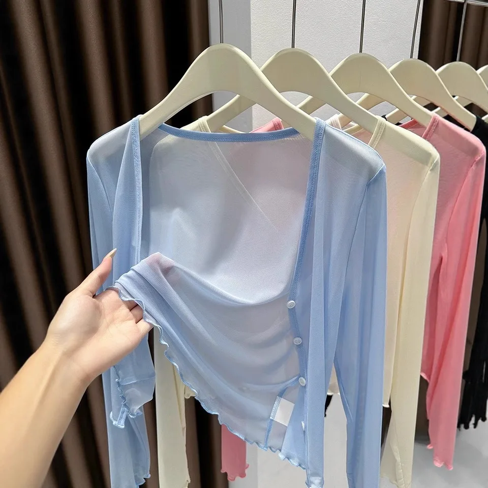 

Ice silk cool feeling thin gauze sunscreen cardigan women's shawl summer skirt camisole outer cover shirt transparent mesh top