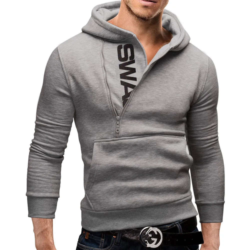 Zipper Print Hooded Sweatshirt for Men Autumn Winter Fashion Casual Sports Tops Male Long Sleeve Solid Color Pullover Streetwear