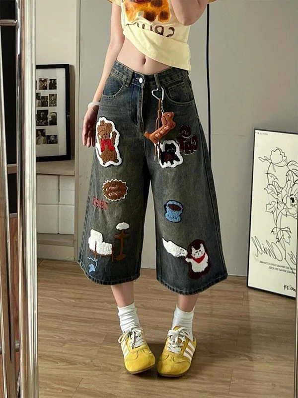 American Style Retro Washed Plush Cartoon Embroidery Design 7/8 Length Loose Women's Jeans High Waist Summer Casual Denim
