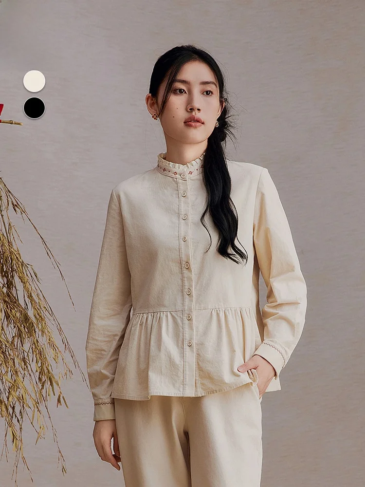 

Casual Style Women's Shirt Mid-Length Cotton Blend with Lace Hem Design Artistic Flounce Skirt Fashionable Stand Collar Long ...