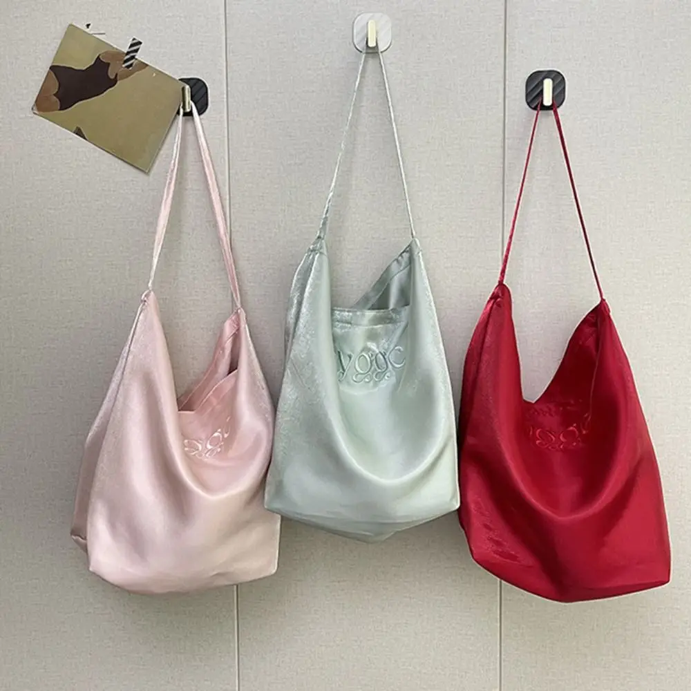 

Letter Embroidery Satin Tote Bag Large Capacity Solid Color Simple Shoulder Bag Fashion Design Handheld Bag