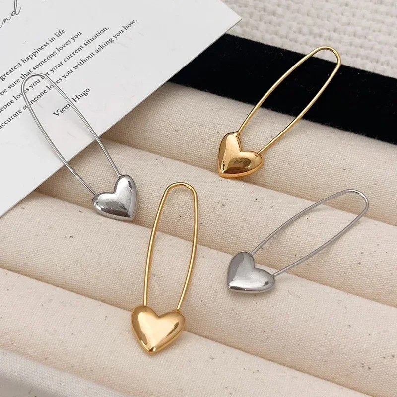 

Real 925 Sterling Silver 18K Gold Pin Heart Hoop Earrings for Women Minimalist Sweet Cool Fine Jewelry Trendy Accessories