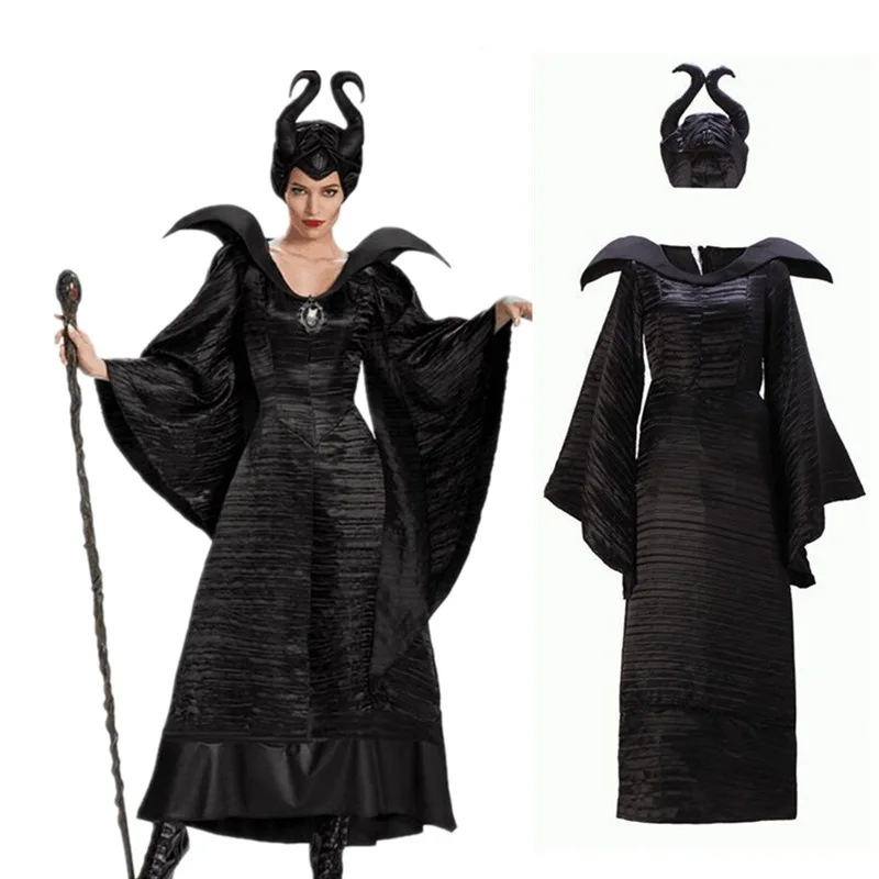 Halloween Movie Character Deluxe Black Horned Hat Imitation Texture Dress Evil Queen Witch Dress Cosplay Party Carnival Costume