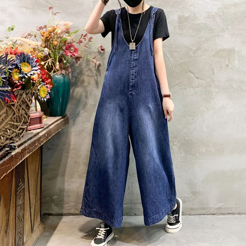 New Oversized Women Denim Jumpsuit Summer Streetwear Suspenders High Waist Straight Wide Leg Jeans Female Casual Trouser Rompers