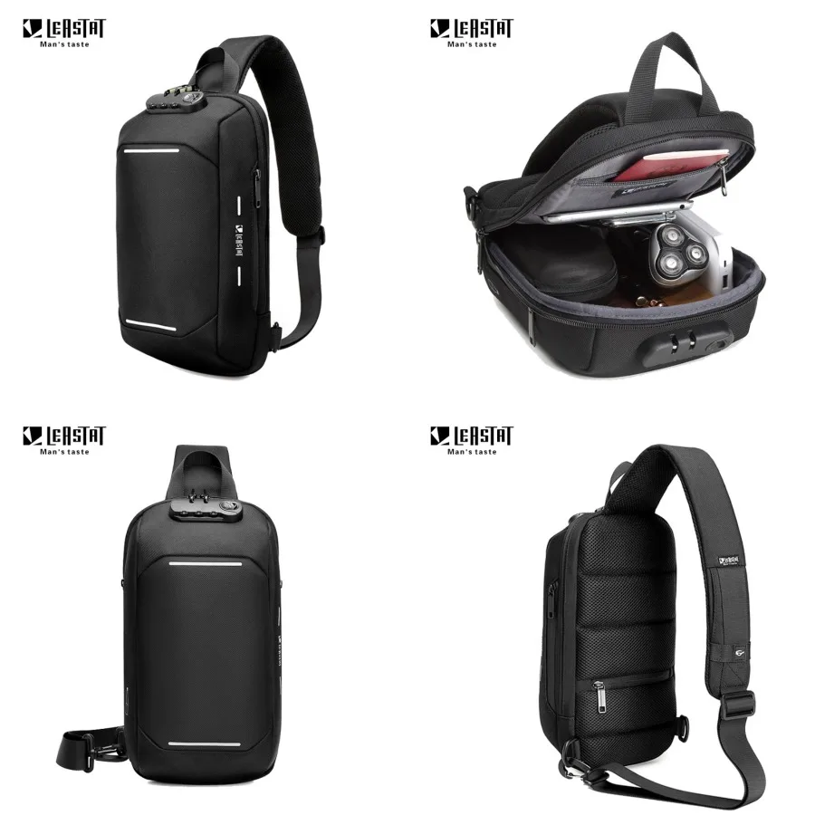

【Новый стиль】Мужская нагрудная сумка LEASTAT с USB-портом, противоугонная, модная, повседневная, многофункциональная, водонепроницаемая, корейская, функциональная.