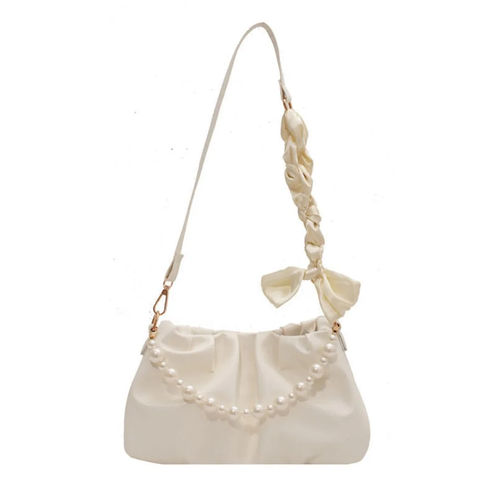 Soft Ruched Cloud Shoulder Bag for Women, Pearl Chain Bow Decor Casual Daily Underarm Crossbody Purse
