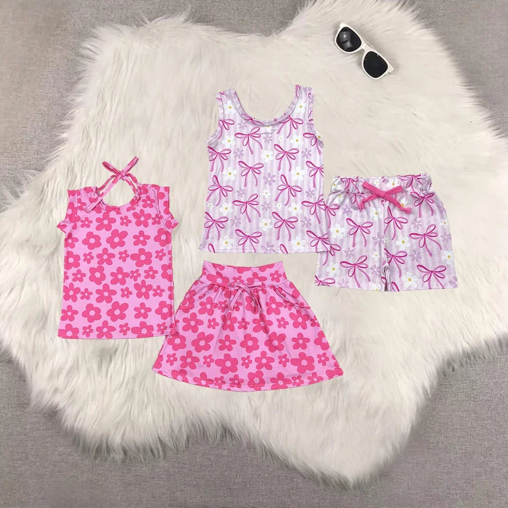 

Sibling Baby Girls Sleeveless Bows Flowers Top Short With Belt Sets