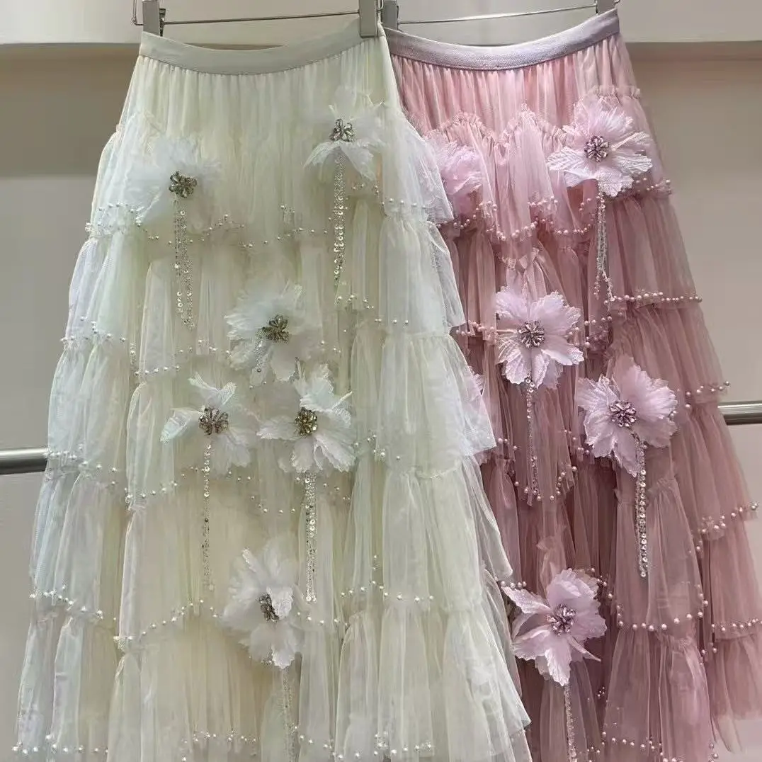 Diamonds Beaded 3D Flowers Net Yarn Dress A-Line Skirt Multi-Layers Gauze Pleated Pearls Edges Crystal Floral Cake Skirt Faldas