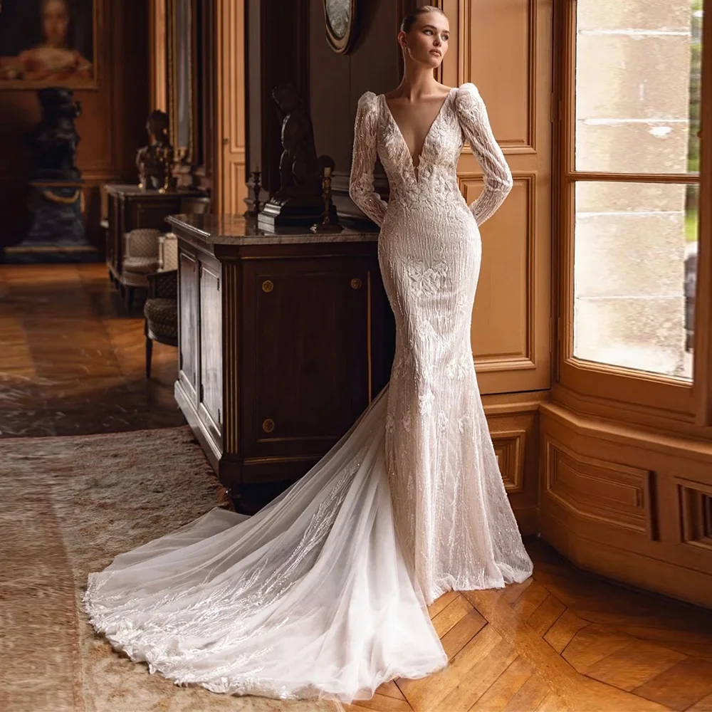 

Temperament Customized Mermaid Bridal Gowns Modern Deep V-neck Wedding Dress Elegant Handmade flowers Beading Vestido De Novia