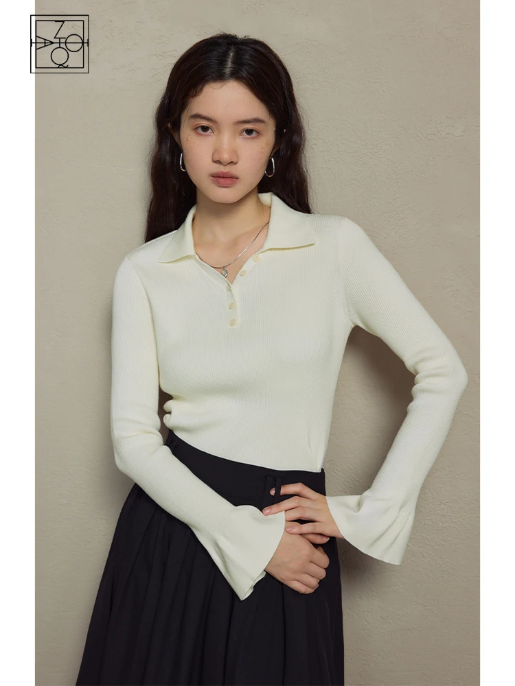 ZIQIAO Soft Sense Retro Style Polo Lapel Pullover Sweaters for Women Early Winter New Bell Sleeve Design Slim Sweater Female