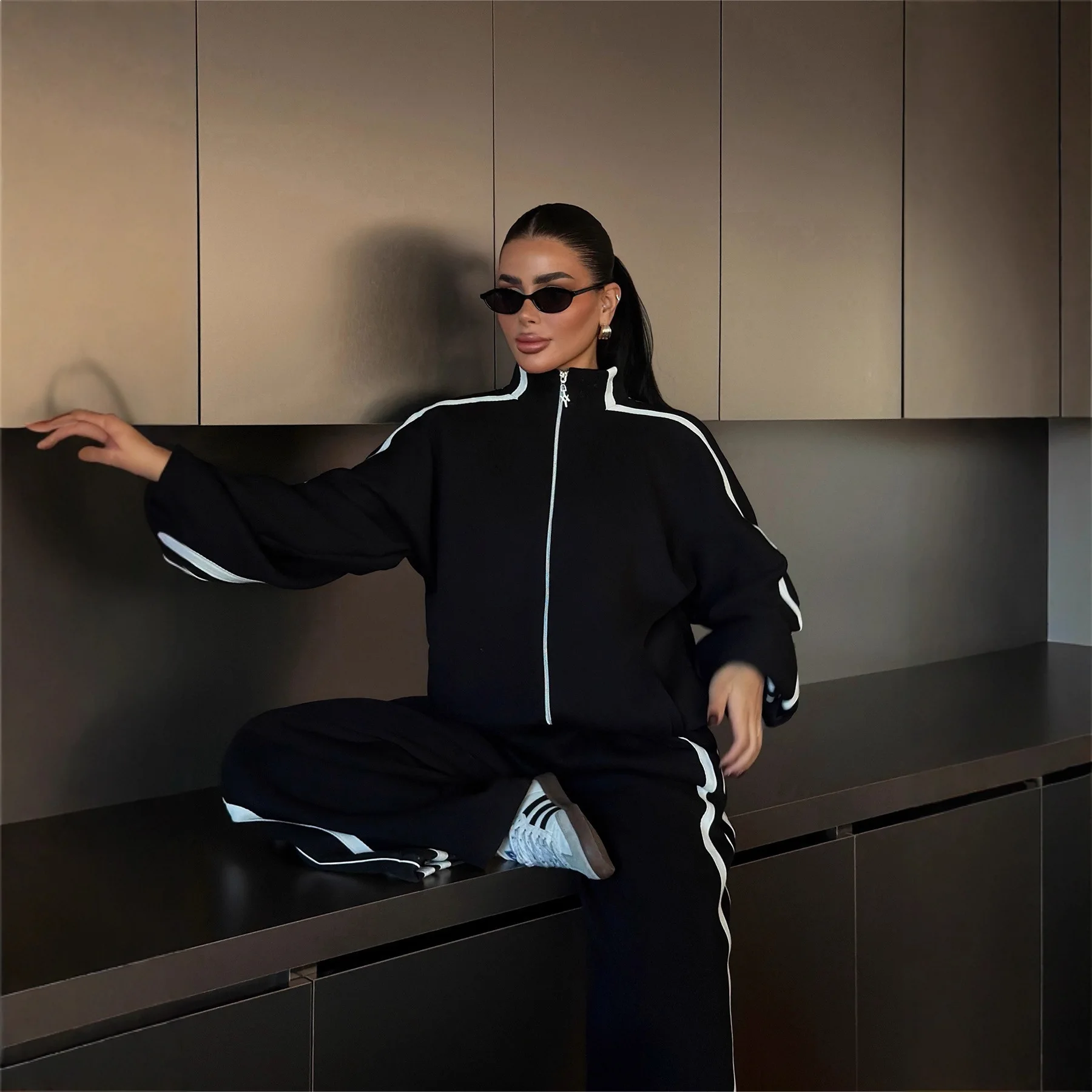 2026 Europe, America, New Color Matching Long-sleeved Leisure Sports Suit 2-piece Set Women's High-quality Cotton