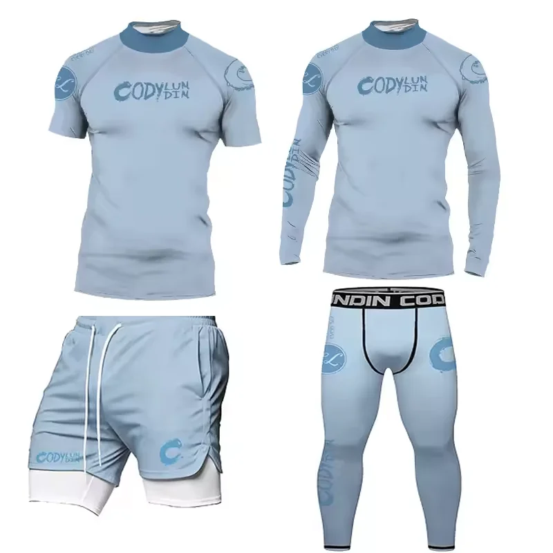 Gi BJJ Rashguard T-shirt+MMA Shorts Men Jiu Jitsu Boxing Rashguard Light Blue Tight Sportswear Active Leggings Boxing Clothing