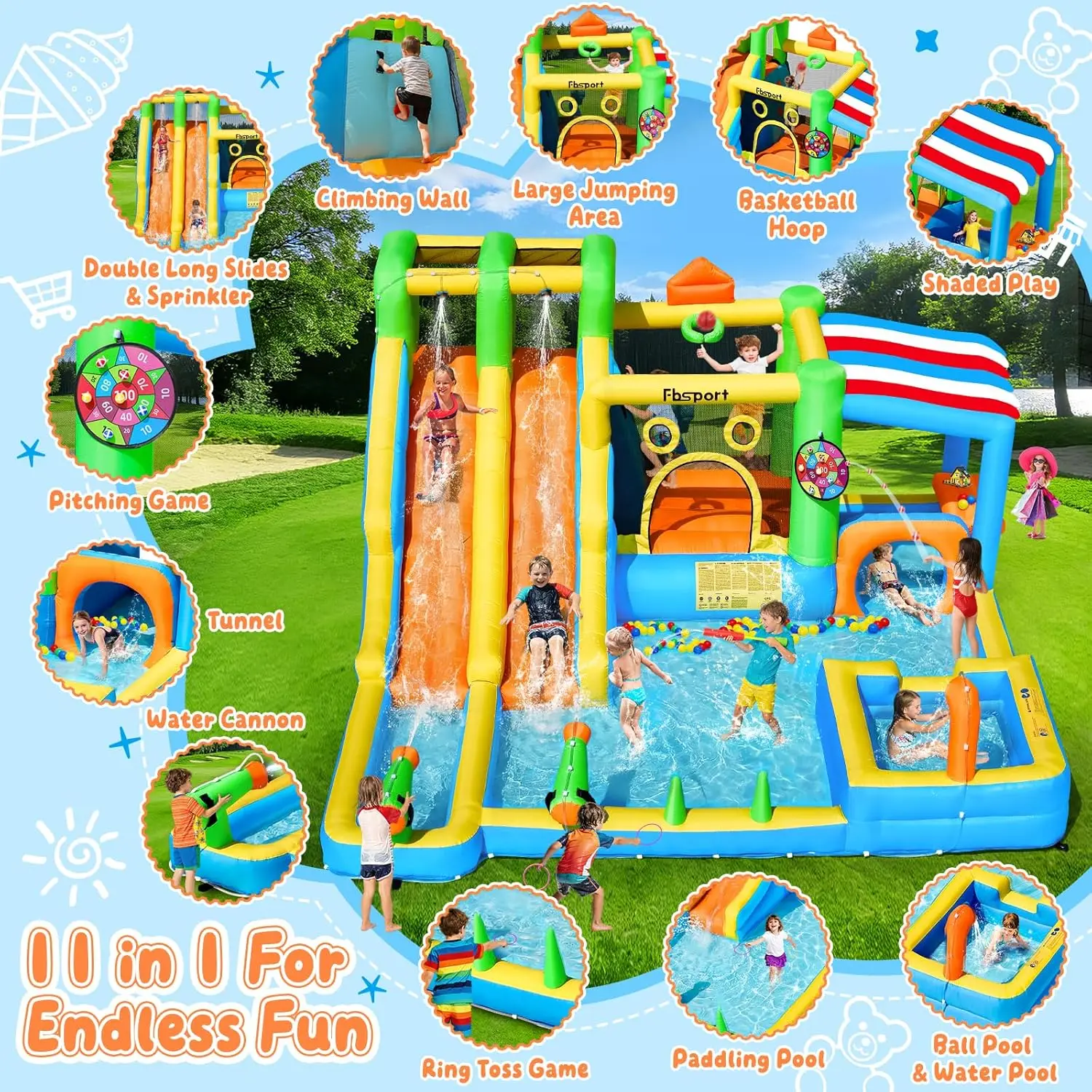 11-in-1 Inflatable Water Slide Park with Bouncy Castle, Double Water Slides, Splash Pool, Climbing Wall, and 680W Blower, for Indoor & Outdoor Backyard Fun view 3