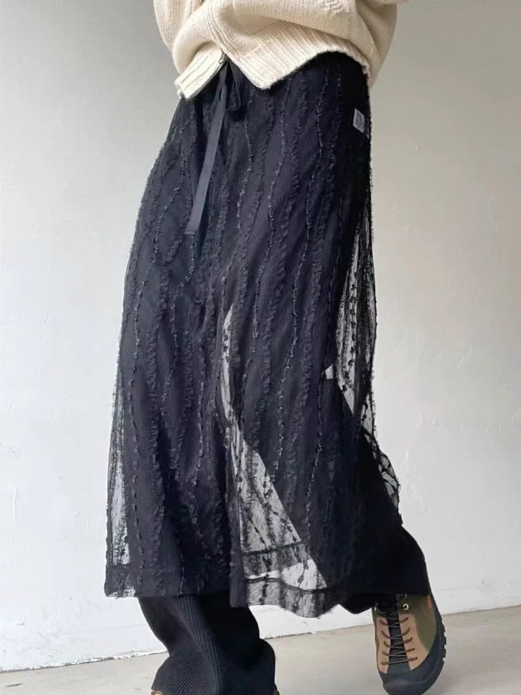 

Корейская кружевная юбка с узлом, женская весенняя сезонная прозрачная многослойная юбка-миди, силуэт трапециевидной формы