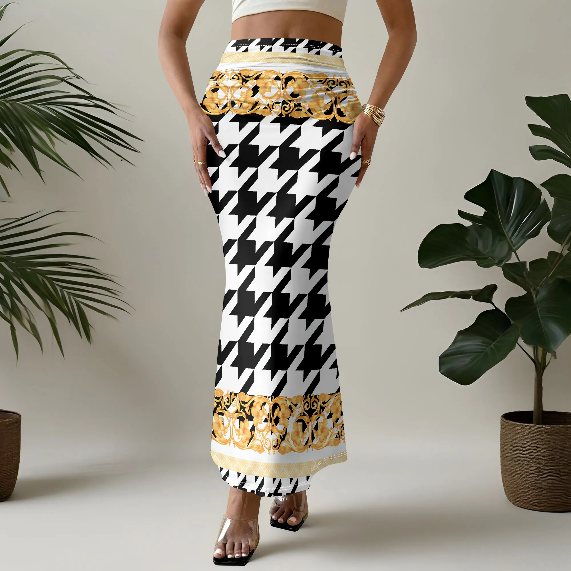 

Women's Fishtail Skirt, Women's Dating Fashionable And Sexy Style Skirt, 3D Totem Printed Thousand Bird Grid Retro Style Skirt