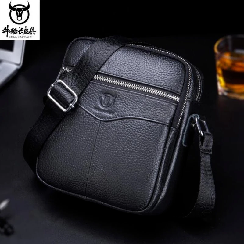 BULLCAPTAIN-Bolso de hombro de piel auténtica para hombre, bandolera informal, pequeña, con doble cremallera, 100%