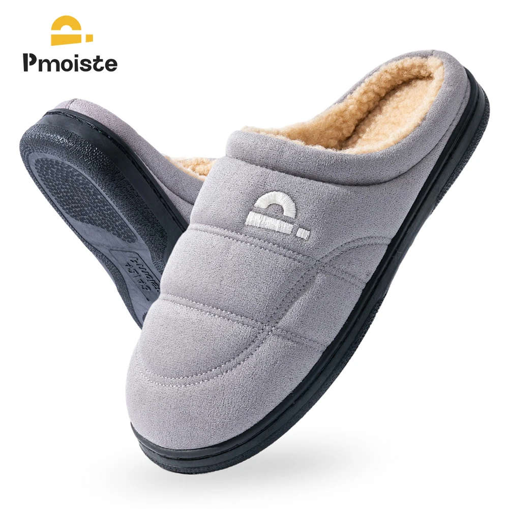 Pmoiste غامض الجلد المدبوغ أحذية غرفة المعيشة الرجال مريحة لينة الدافئة الخياطة رغوة الذاكرة شبشب منزل الشتاء داخلي جودة عالية