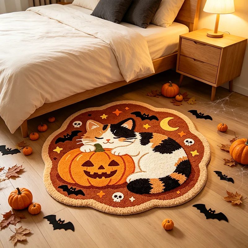 VIKAMA Halloween Round Cat Pumpkin Rug Soft Flannel Non‑slip Floor Mat Bat Skull Moon Carpet For Bedroom Holiday Home Decoration