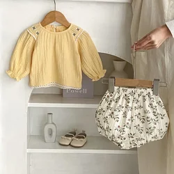 2024 Spring Baby Girl Clothing Set 0-3Years Newborn Kids Long Sleeve Pullover Cotton T-shirt+Flower Bloomers Shorts 2PCS Outfits