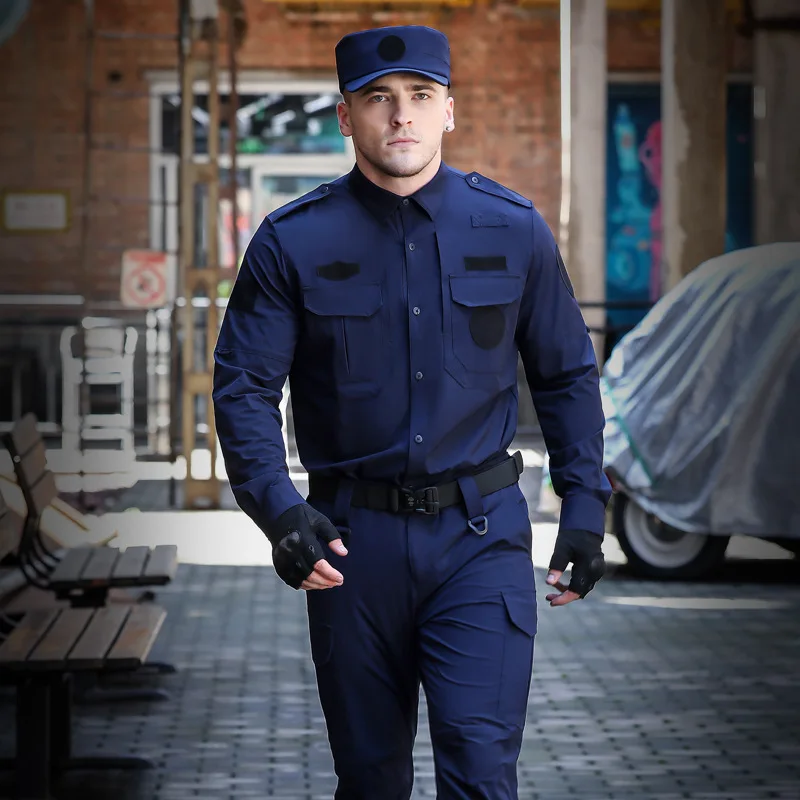 Black Blue Men\'s Clothing Security Guard Tactical Police Quick Dry Uniform Cargo Airsoft Training Long Sleeve Shirt  Pants Sets