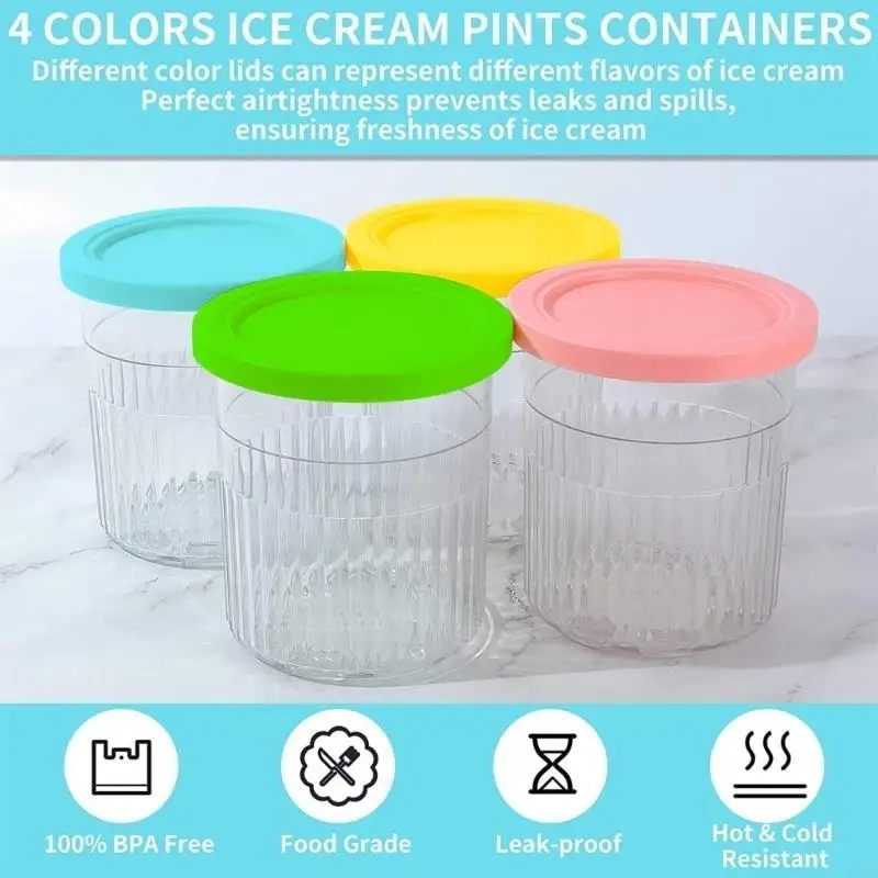 4Pcs Plastic Ice Cream Maker Replacements Storage Jar for NC500 NC501 Ninja- Creami Ice Cream Pints Cups with Lid